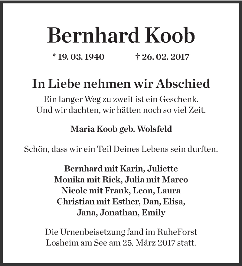  Traueranzeige für Bernhard Koob vom 28.03.2017 aus trierischer_volksfreund