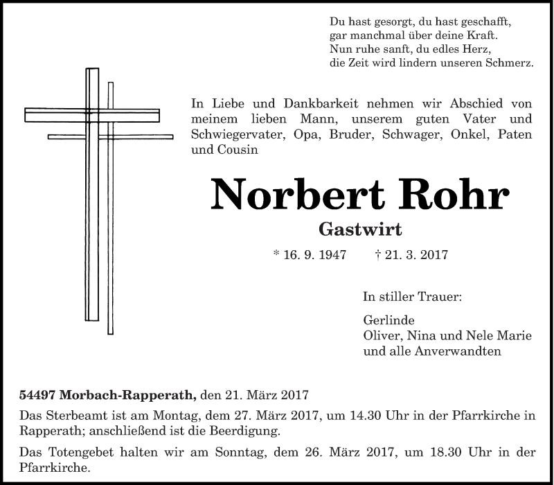  Traueranzeige für Norbert Rohr vom 24.03.2017 aus trierischer_volksfreund