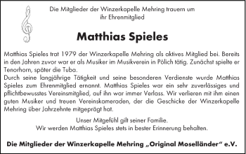 Traueranzeige von Matthias Spieles von trierischer_volksfreund