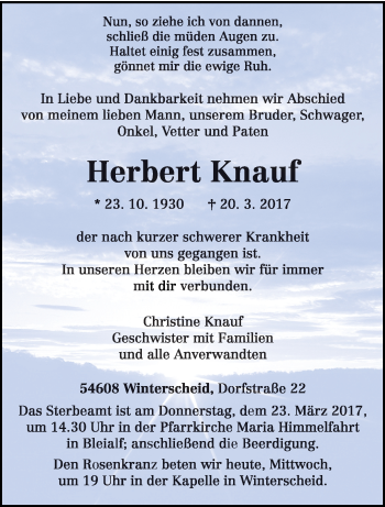 Traueranzeige von Herbert Knauf von trierischer_volksfreund