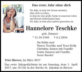 Traueranzeige von Hannelore Teschke von trierischer_volksfreund