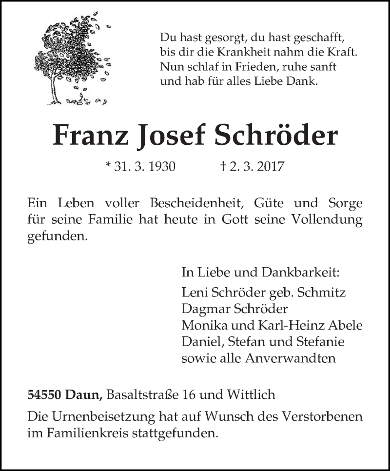  Traueranzeige für Franz Josef Schröder vom 15.03.2017 aus trierischer_volksfreund