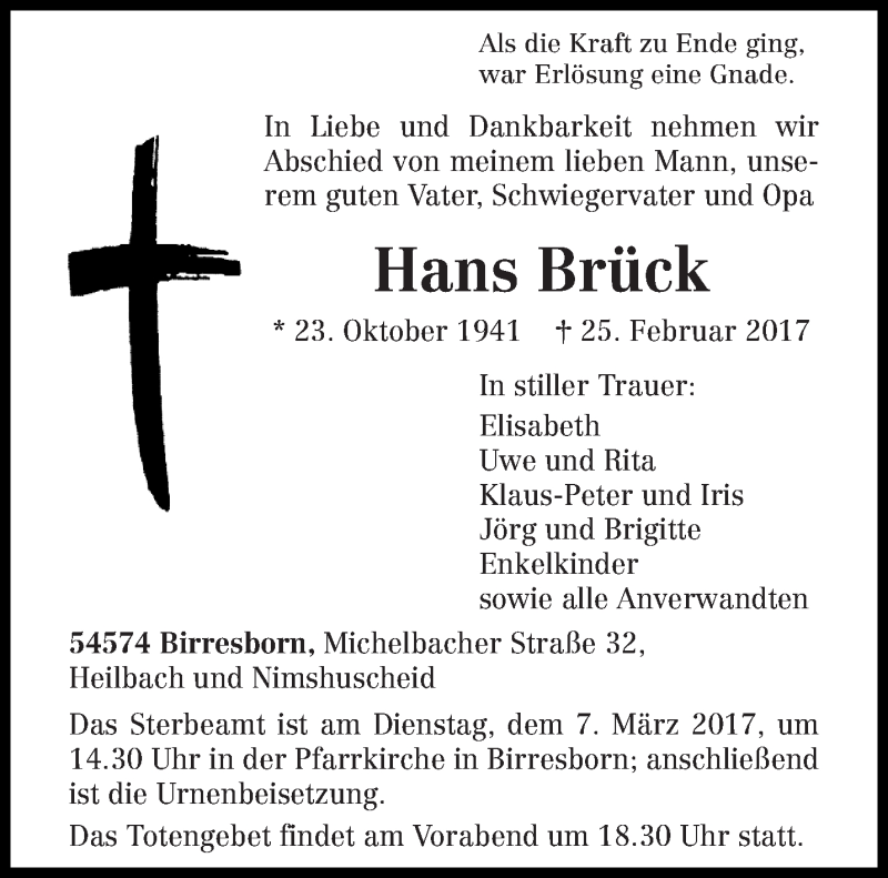 Traueranzeige für Hans Brück vom 03.03.2017 aus trierischer_volksfreund