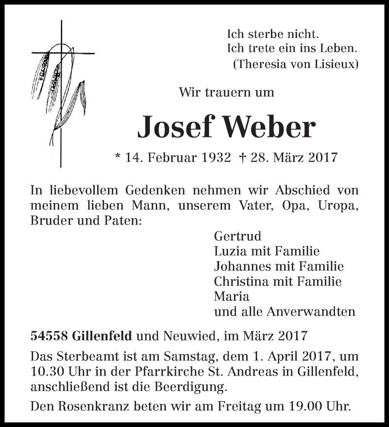  Traueranzeige für Josef Weber vom 30.03.2017 aus trierischer_volksfreund