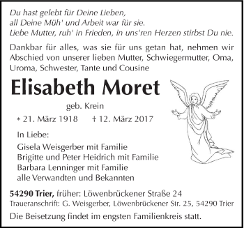 Traueranzeige von Elisabeth Moret von trierischer_volksfreund