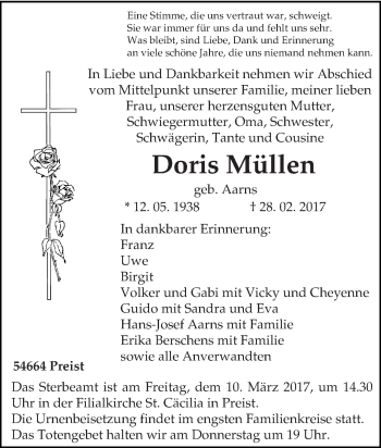 Traueranzeige von Doris Müllen von trierischer_volksfreund