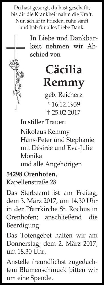  Traueranzeige für Cäcilia Remmy vom 28.02.2017 aus trierischer_volksfreund