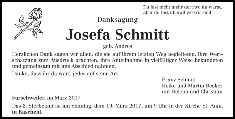  Traueranzeige für Josefa Schmitt vom 15.03.2017 aus trierischer_volksfreund