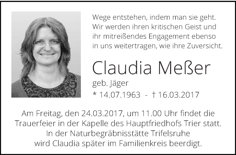  Traueranzeige für Claudia Meßer vom 18.03.2017 aus trierischer_volksfreund