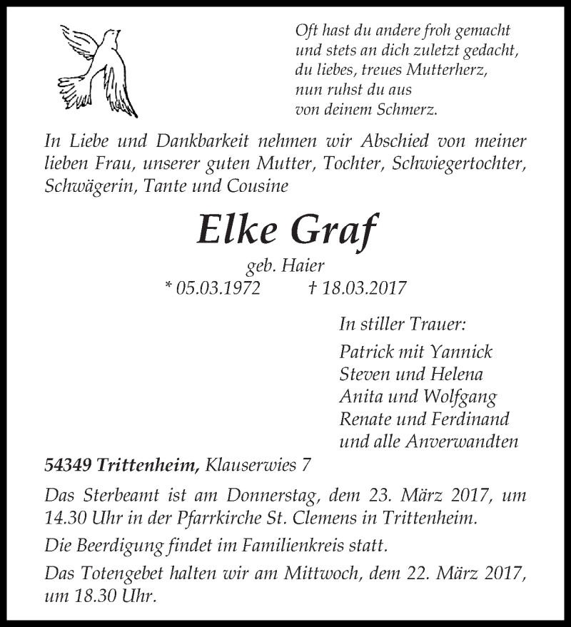  Traueranzeige für Elke Graf vom 21.03.2017 aus trierischer_volksfreund