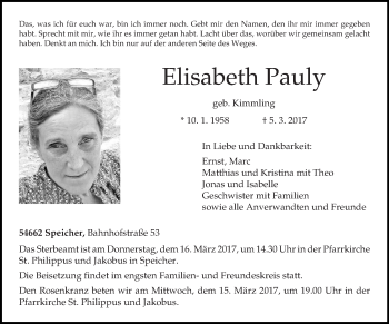 Traueranzeige von Elisabeth Pauly von trierischer_volksfreund