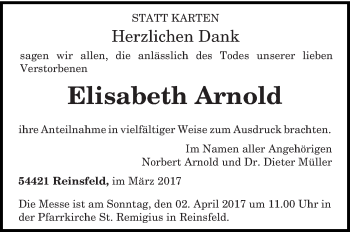Traueranzeige von Elisabeth Arnold von trierischer_volksfreund
