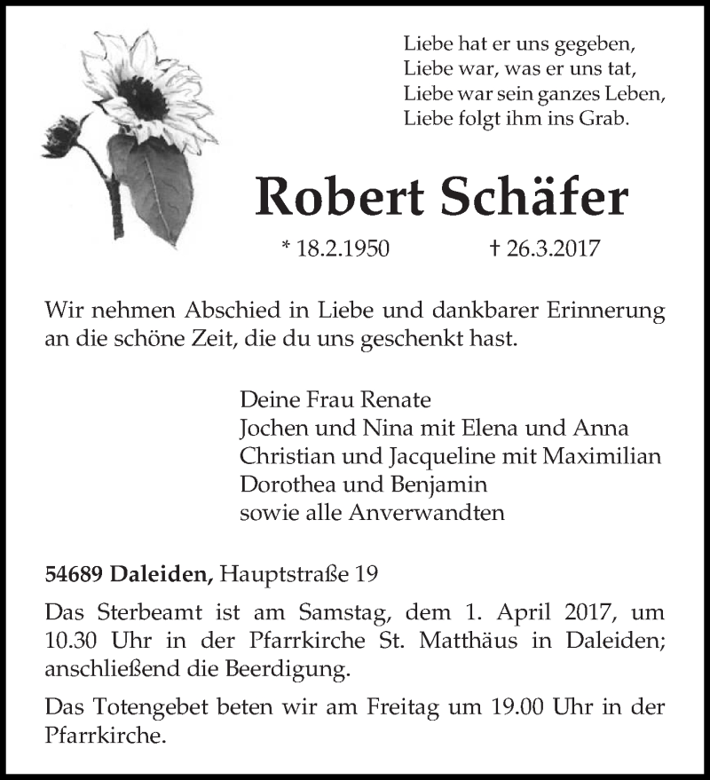  Traueranzeige für Robert Schäfer vom 29.03.2017 aus trierischer_volksfreund
