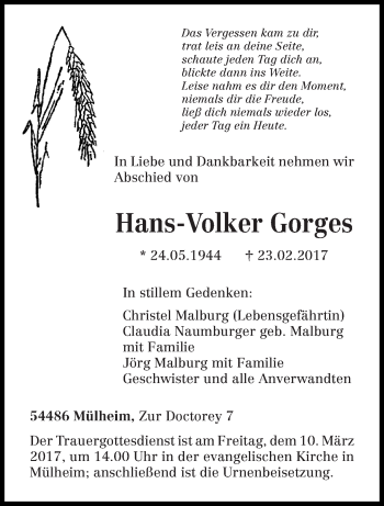 Traueranzeige von Hans-Volker Gorges von trierischer_volksfreund