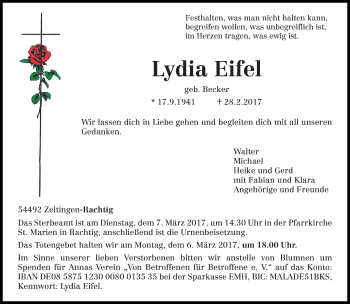 Traueranzeige von Lydia Eifel von trierischer_volksfreund