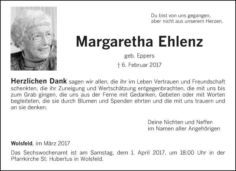  Traueranzeige für Margaretha Ehlenz vom 29.03.2017 aus trierischer_volksfreund