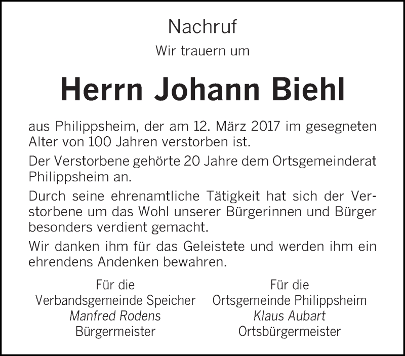  Traueranzeige für Johann Biehl vom 14.03.2017 aus trierischer_volksfreund