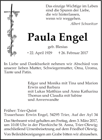 Traueranzeige von Paula Engel von trierischer_volksfreund