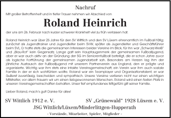 Traueranzeige von Roland Heinrich von trierischer_volksfreund