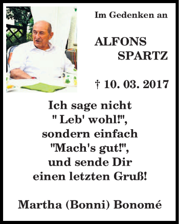 Traueranzeige von Alfons Spartz von trierischer_volksfreund