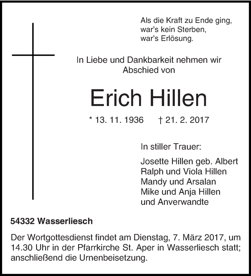  Traueranzeige für Erich Hillen vom 02.03.2017 aus trierischer_volksfreund