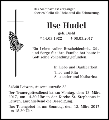 Traueranzeige von Ilse Hudel von trierischer_volksfreund