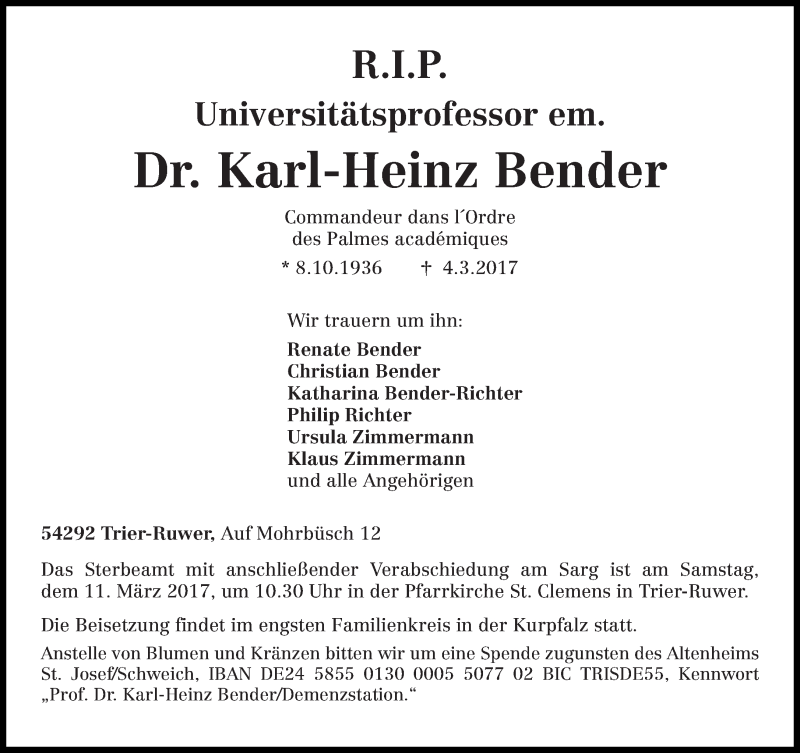  Traueranzeige für Karl-Heinz Bender vom 07.03.2017 aus trierischer_volksfreund