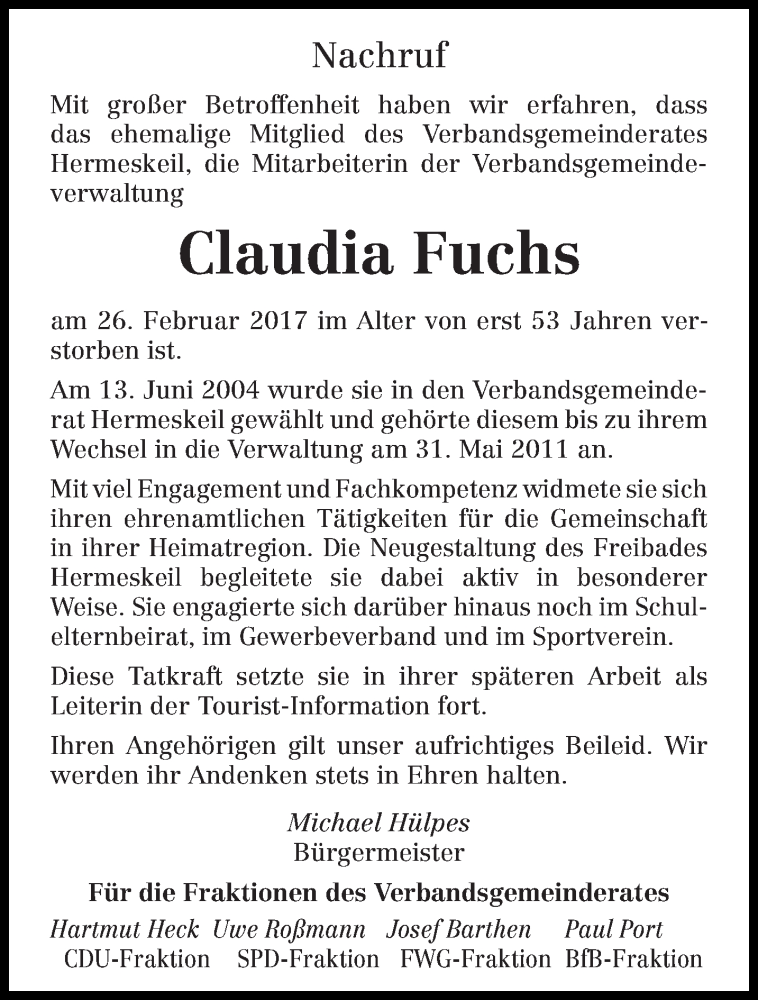  Traueranzeige für Claudia Fuchs vom 02.03.2017 aus trierischer_volksfreund