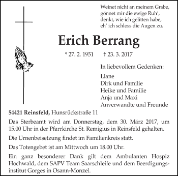 Traueranzeige von Erich Berrang von trierischer_volksfreund