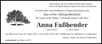 Traueranzeige von Anna Faßbender von trierischer_volksfreund