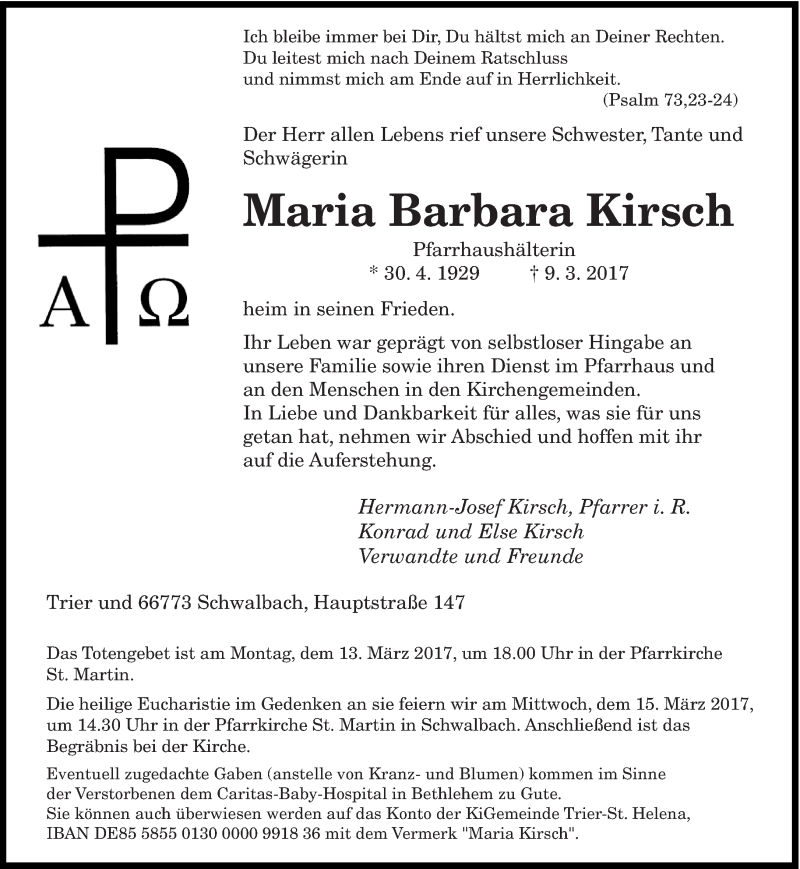 Traueranzeige für Maria Barbara Kirsch vom 11.03.2017 aus trierischer_volksfreund