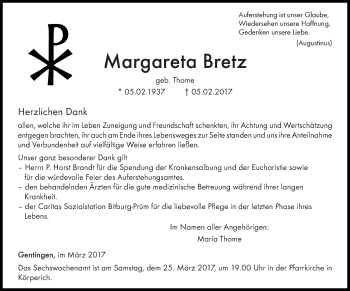 Traueranzeige von Margareta Bretz von trierischer_volksfreund