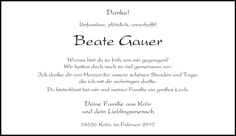  Traueranzeige für Beate Gauer vom 01.03.2017 aus trierischer_volksfreund