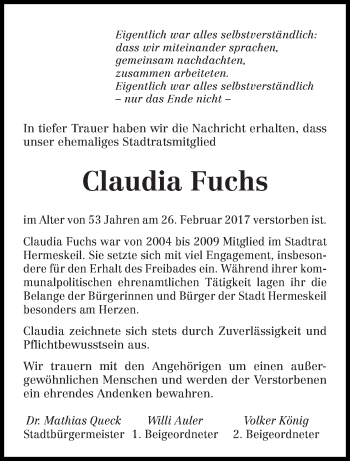 Traueranzeige von Claudia Fuchs von trierischer_volksfreund