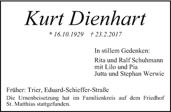 Traueranzeige von Kurt Dienhart von trierischer_volksfreund