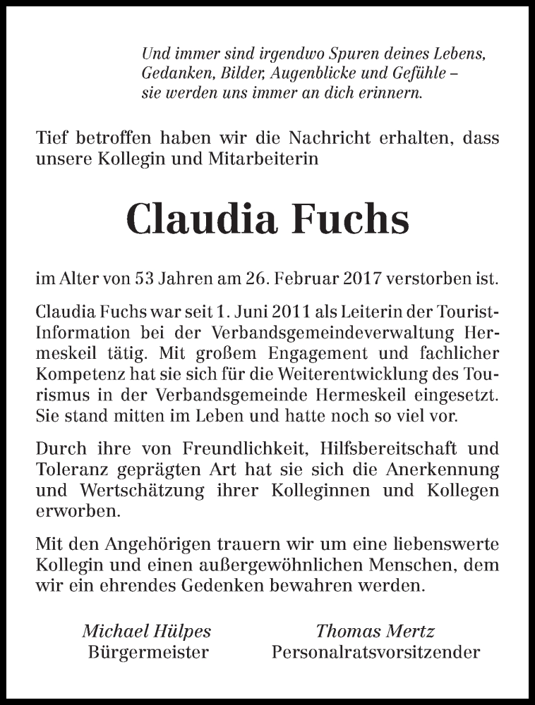  Traueranzeige für Claudia Fuchs vom 02.03.2017 aus trierischer_volksfreund