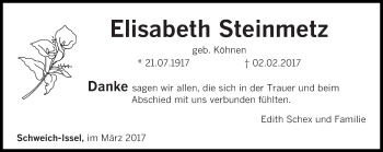 Traueranzeige von Elisabeth Steinmetz von trierischer_volksfreund