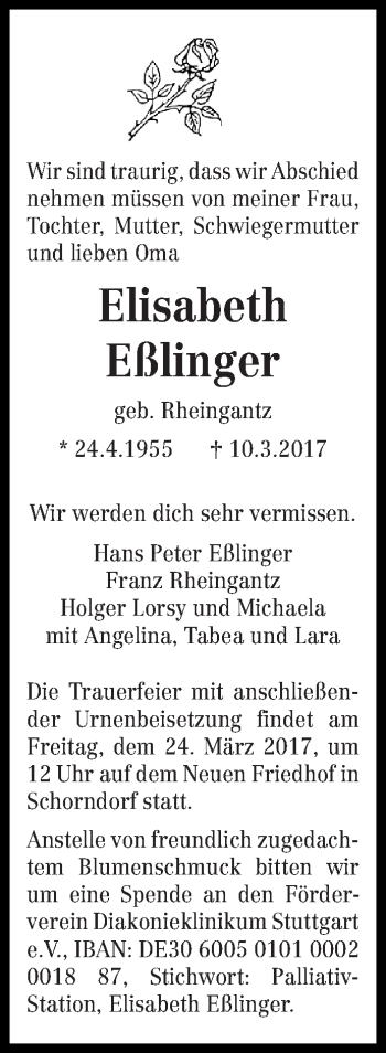 Traueranzeige von Elisabeth Eßlinger von trierischer_volksfreund