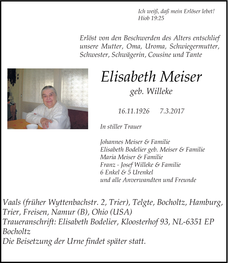 Traueranzeige für Elisabeth Meiser vom 18.03.2017 aus trierischer_volksfreund