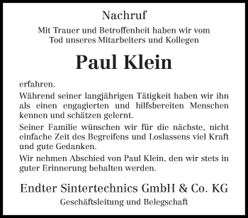 Traueranzeige von Paul Klein von trierischer_volksfreund