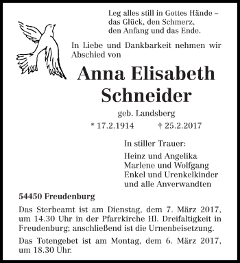 Traueranzeige von Anna Elisabeth Schneider von trierischer_volksfreund