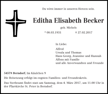 Traueranzeige von Editha Elisabeth Becker von trierischer_volksfreund