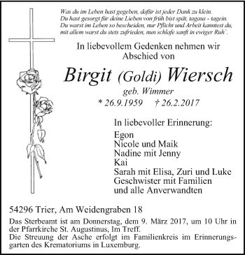 Traueranzeige von Birgit Wiersch von trierischer_volksfreund