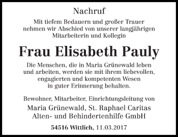 Traueranzeige von Elisabeth Pauly von trierischer_volksfreund