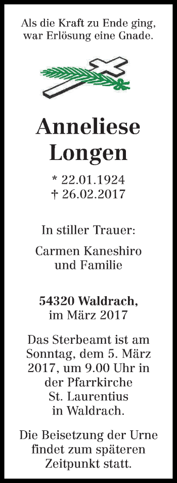 Traueranzeige von Anneliese Longen von trierischer_volksfreund