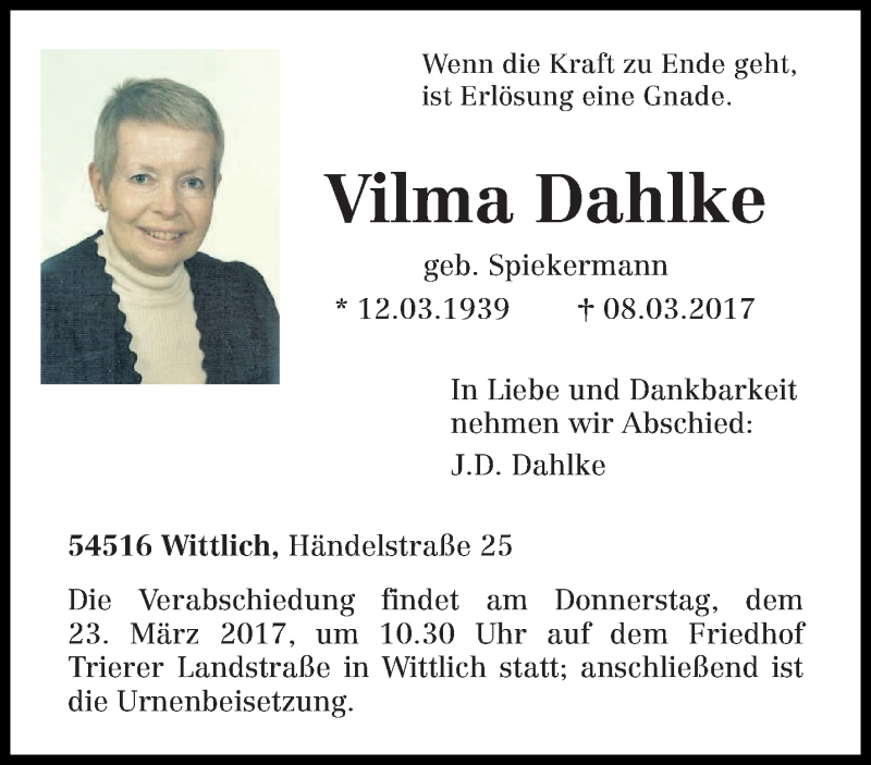  Traueranzeige für Vilma Dahlke vom 17.03.2017 aus trierischer_volksfreund