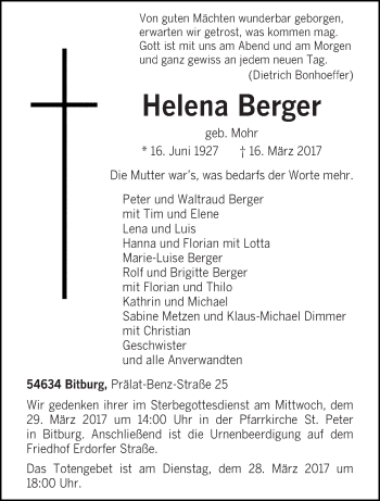 Traueranzeige von Helena Berger von trierischer_volksfreund