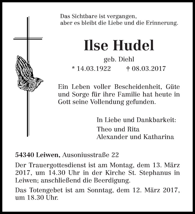  Traueranzeige für Ilse Hudel vom 11.03.2017 aus trierischer_volksfreund