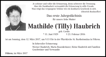 Traueranzeige von Mathilde Haubrich von trierischer_volksfreund