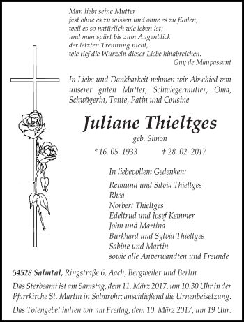 Traueranzeige von Juliane Thieltges von trierischer_volksfreund